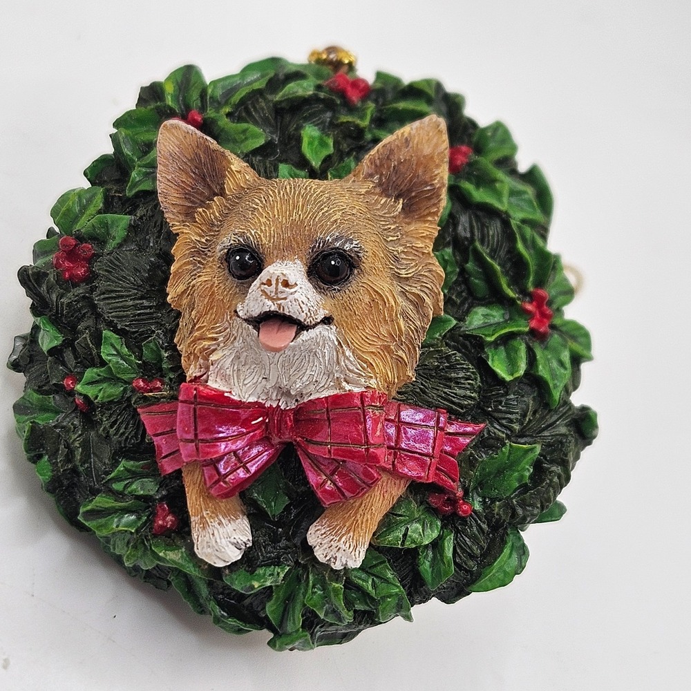VTG‎ Danbury Mint Chihuahua Christmas Ornament All Decked Out Wreath Dog w/ Tag